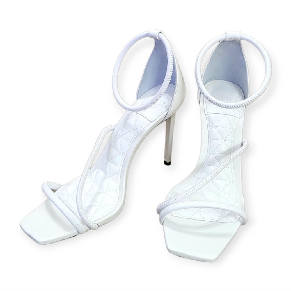 SCHUTZ White Quilted Ankle-Strap Stiletto Sandals
